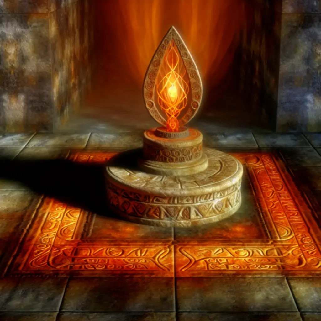 Złowieszczy artefakt spoczywający na kamiennym ołtarzu, emanujący pomarańczową poświatą