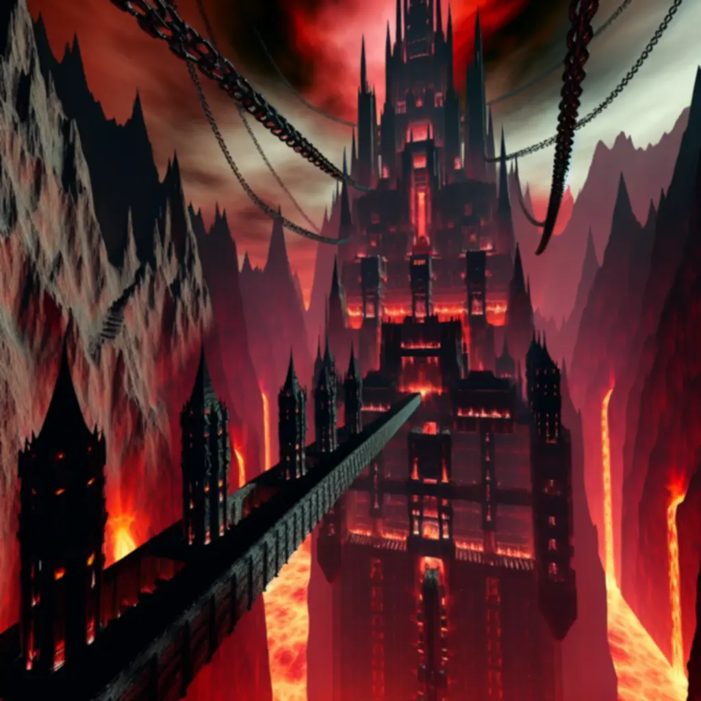 Twierdza w Piekle oświetlona lawą i czerwonym niebem