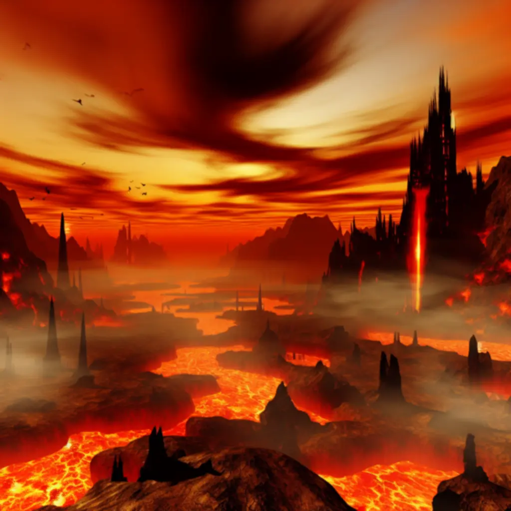 Piekielny krajobraz z lawą, ruinami i ostrym światłem — sceneria DOOM.