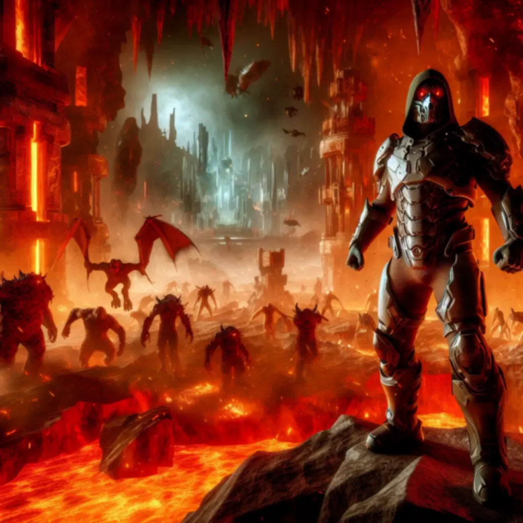 Demoniczny kadr z DOOM: bohater i piekielne otoczenie w ostrym świetle.