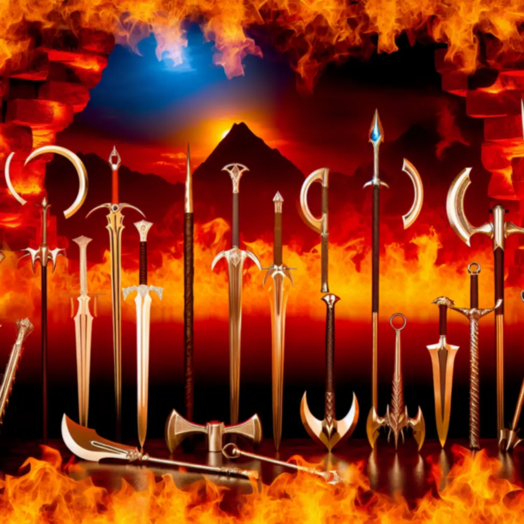 Cinematiczny kolaż broni DOOM na tle piekielnego krajobrazu