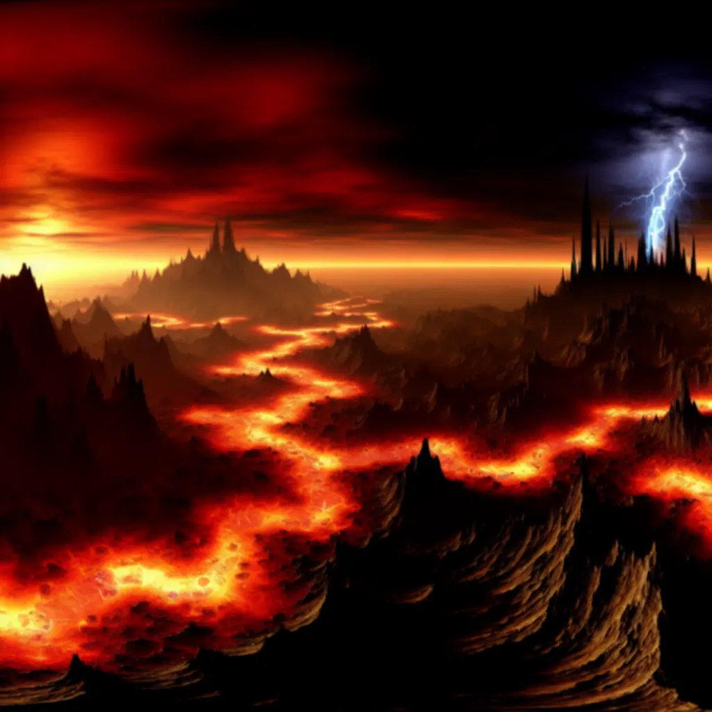 Ciemna panorama piekielnych krajobrazów rozświetlona lawą i błyskawicami